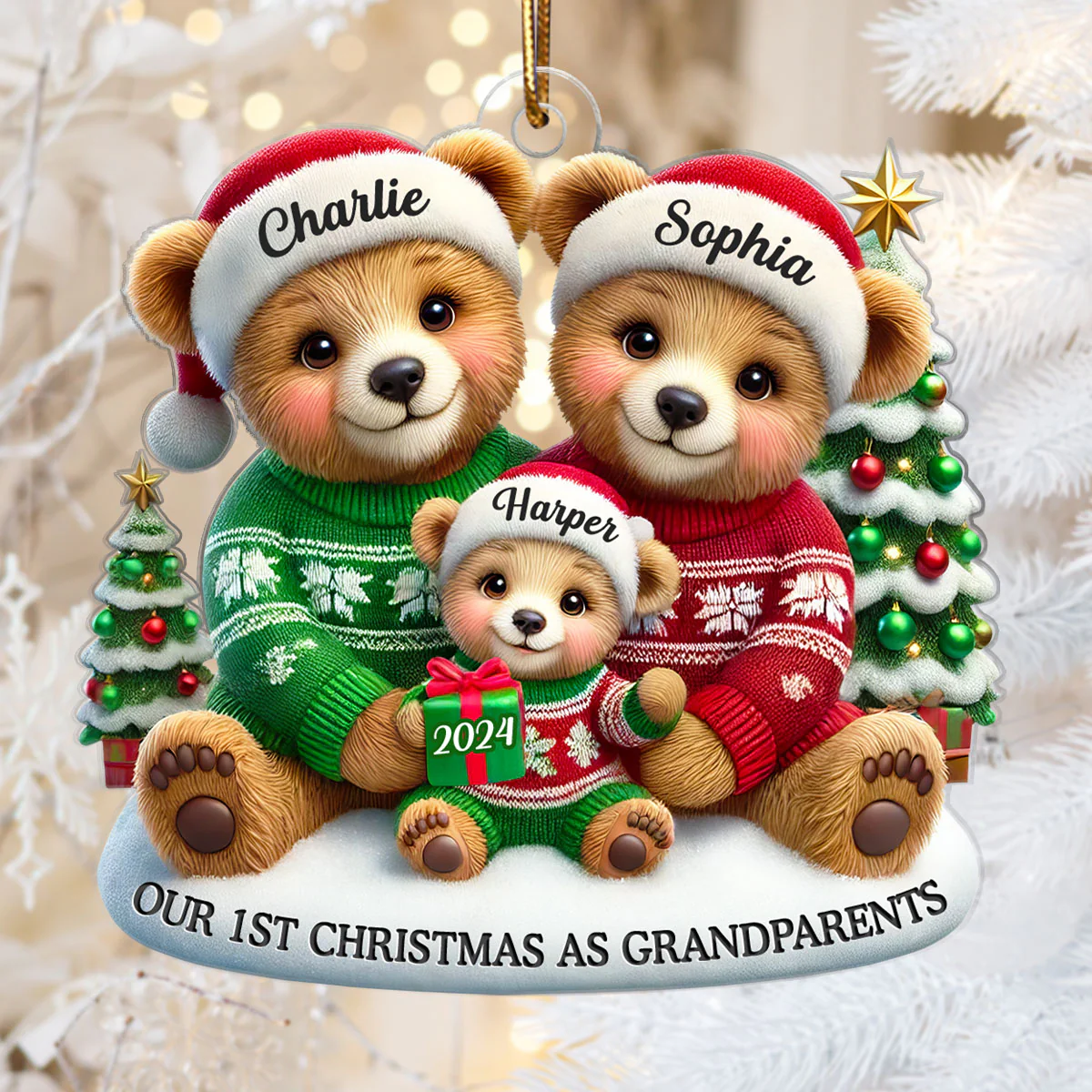 3D Effect Bears Our First Christmas As Grandparents Personalized Acrylic Ornament, Christmas Gift For New Grandparents