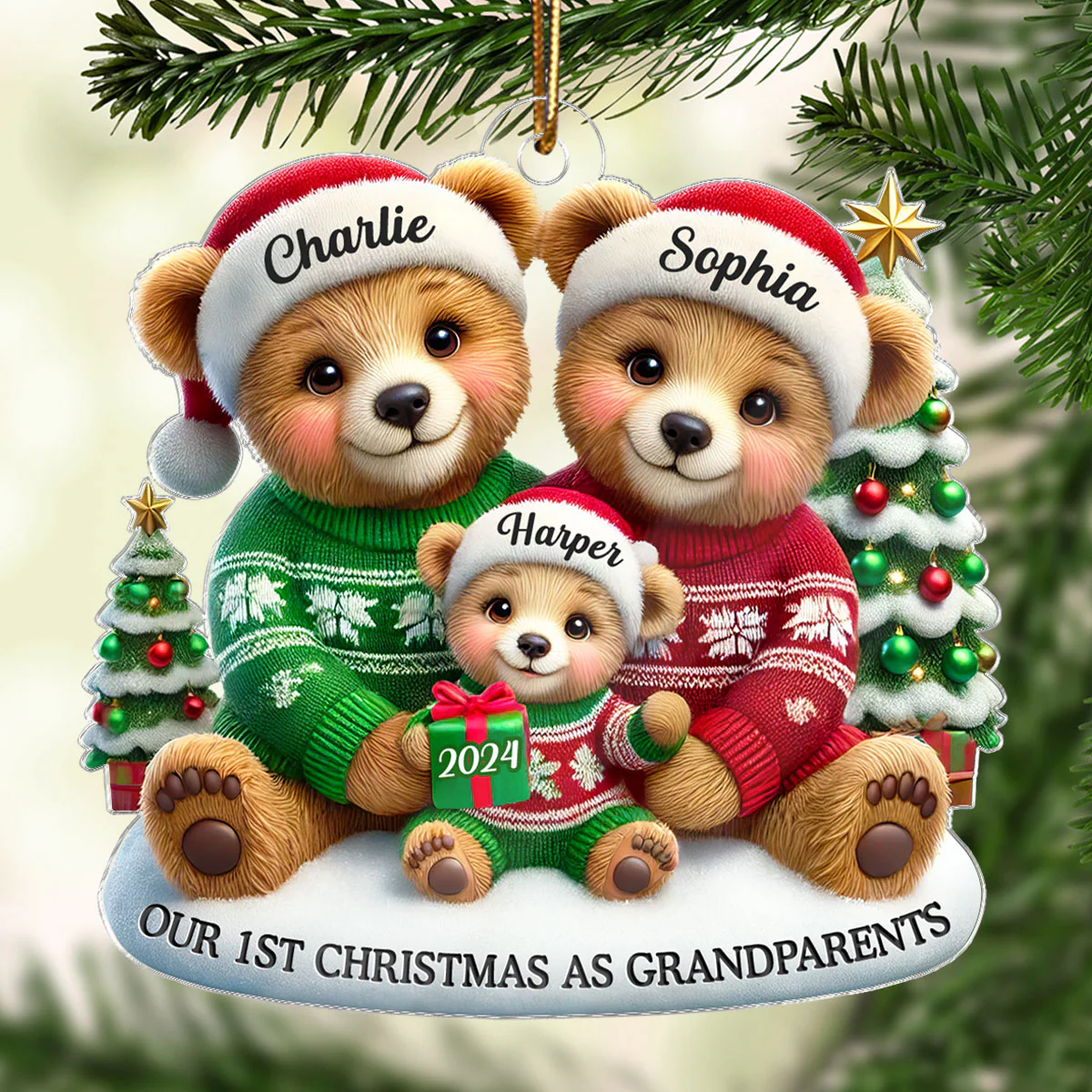 3D Effect Bears Our First Christmas As Grandparents Personalized Acrylic Ornament, Christmas Gift For New Grandparents - Image 3
