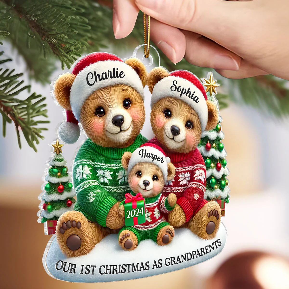 3D Effect Bears Our First Christmas As Grandparents Personalized Acrylic Ornament, Christmas Gift For New Grandparents - Image 4