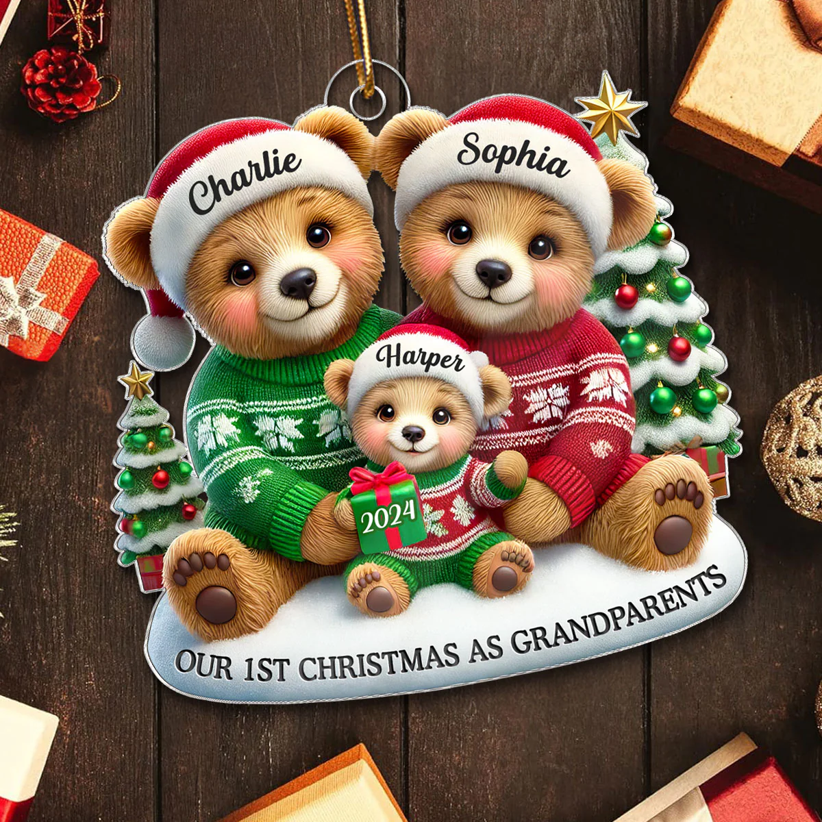 3D Effect Bears Our First Christmas As Grandparents Personalized Acrylic Ornament, Christmas Gift For New Grandparents - Image 5
