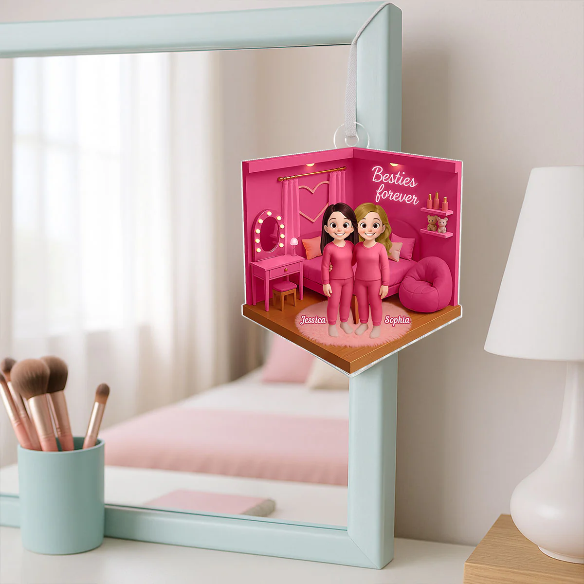 3D Effect Besties Pink Tone Diorama Dream Dollhouse Personalized Flat Acrylic Ornament, Keepsake - Image 11