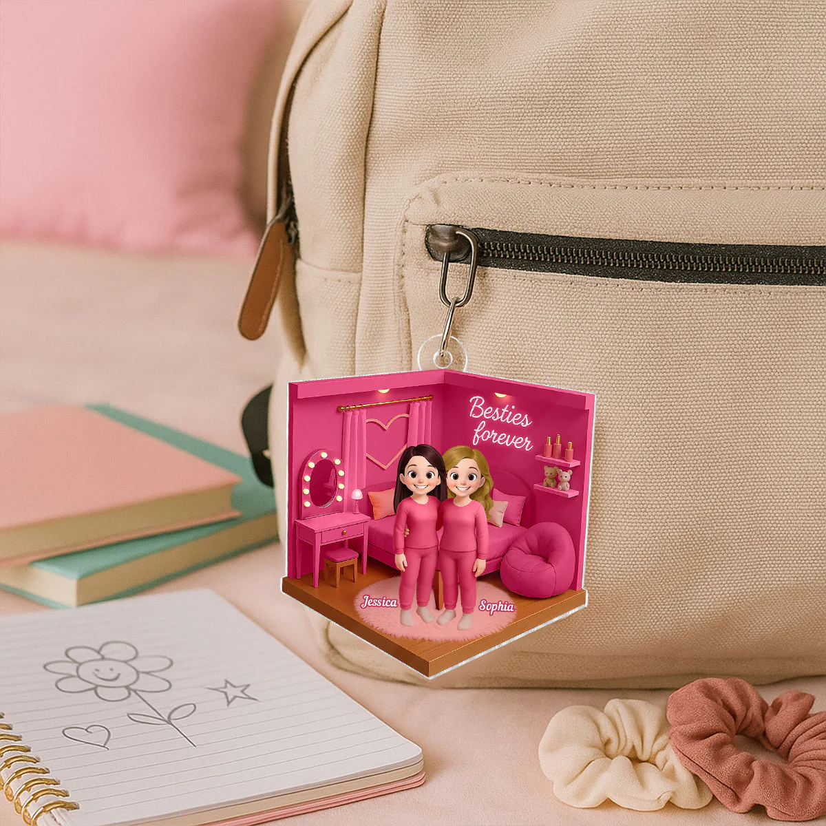 3D Effect Besties Pink Tone Diorama Dream Dollhouse Personalized Flat Acrylic Ornament, Keepsake - Image 12