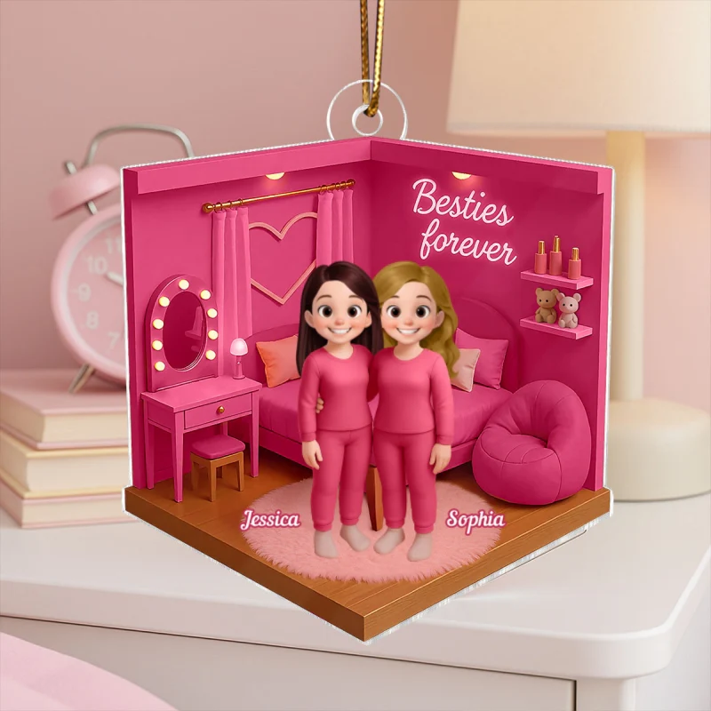 3D Effect Besties Pink Tone Diorama Dream Dollhouse Personalized Flat Acrylic Ornament, Keepsake - Image 13