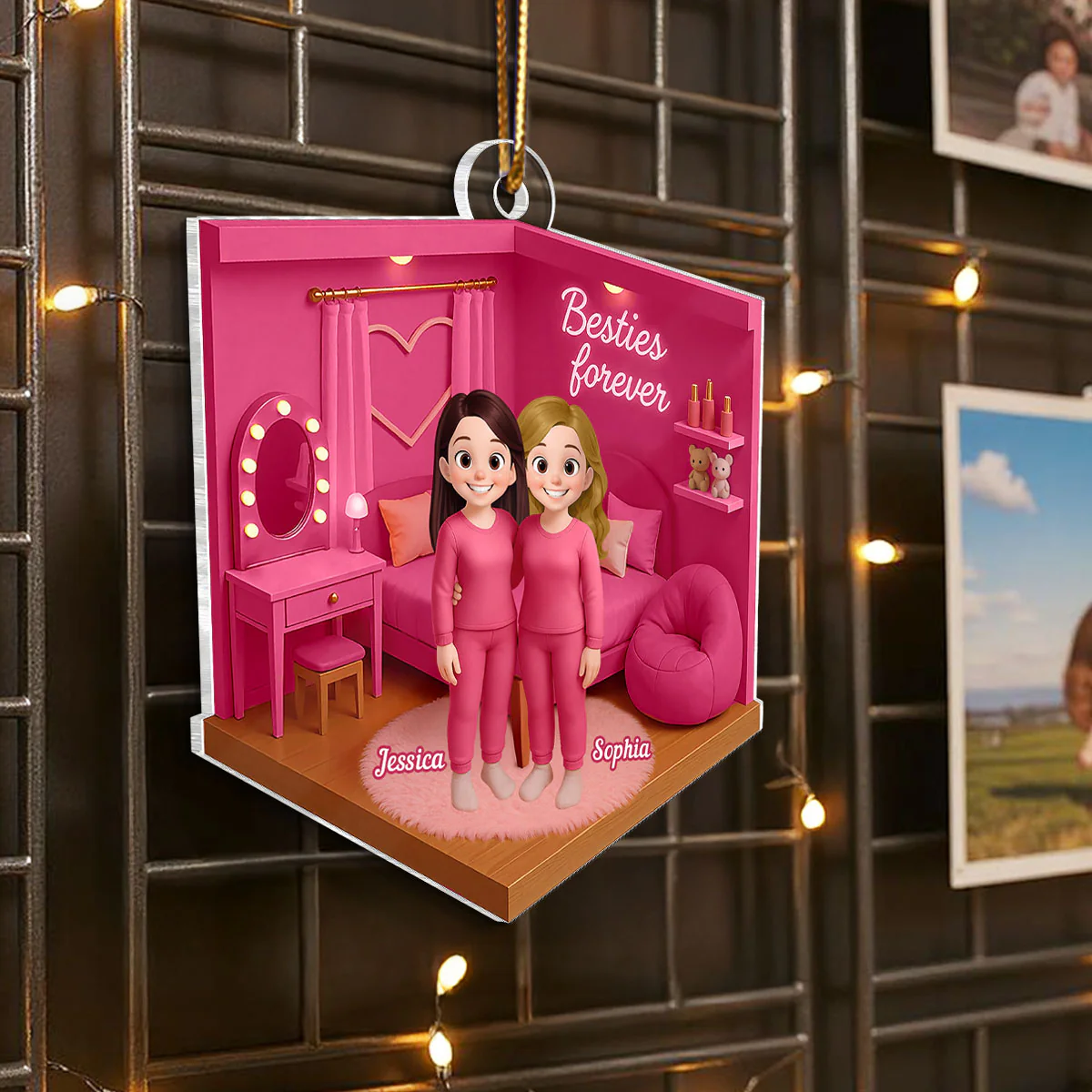 3D Effect Besties Pink Tone Diorama Dream Dollhouse Personalized Flat Acrylic Ornament, Keepsake - Image 3