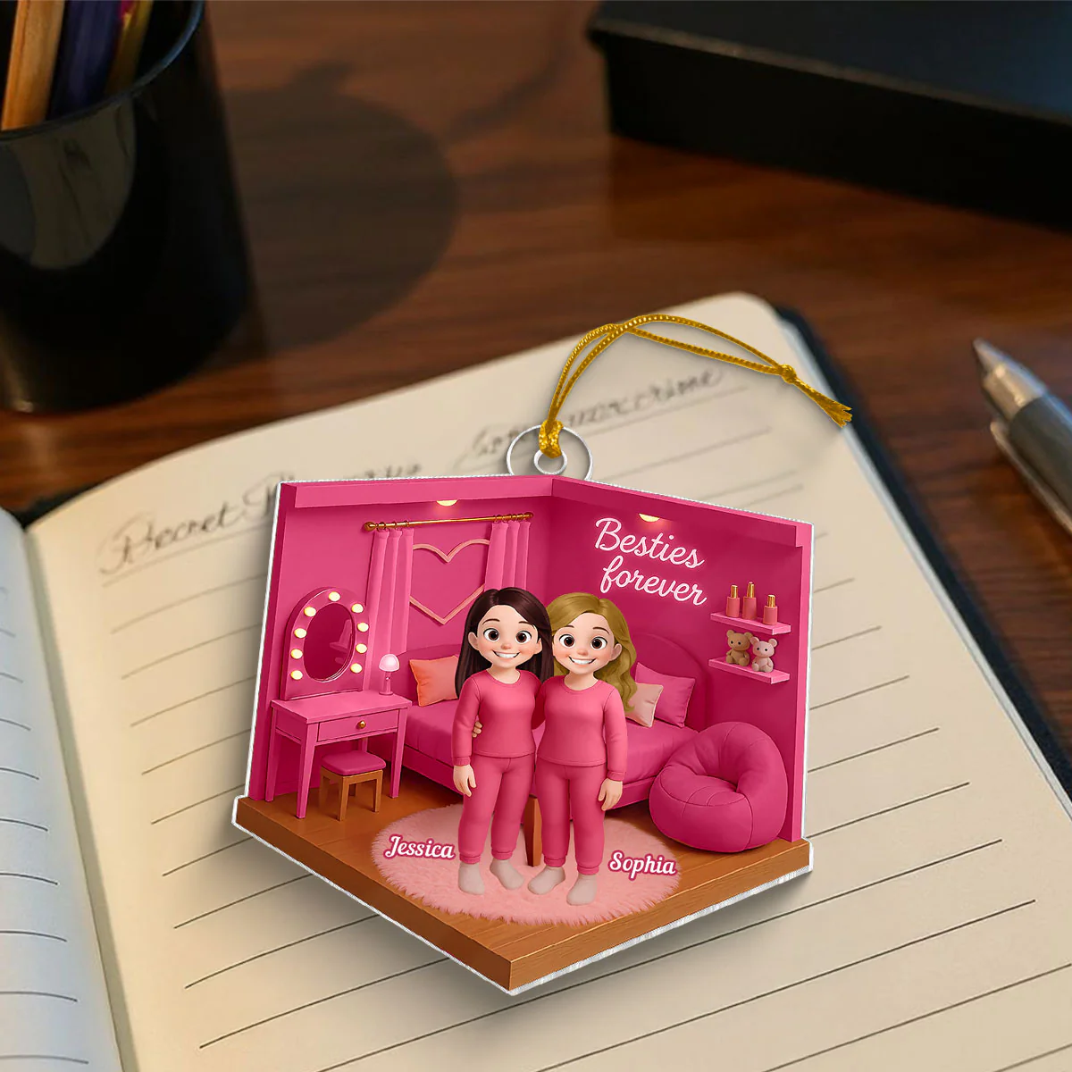 3D Effect Besties Pink Tone Diorama Dream Dollhouse Personalized Flat Acrylic Ornament, Keepsake - Image 4