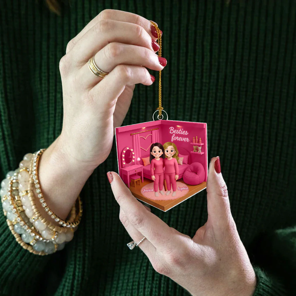 3D Effect Besties Pink Tone Diorama Dream Dollhouse Personalized Flat Acrylic Ornament, Keepsake - Image 5