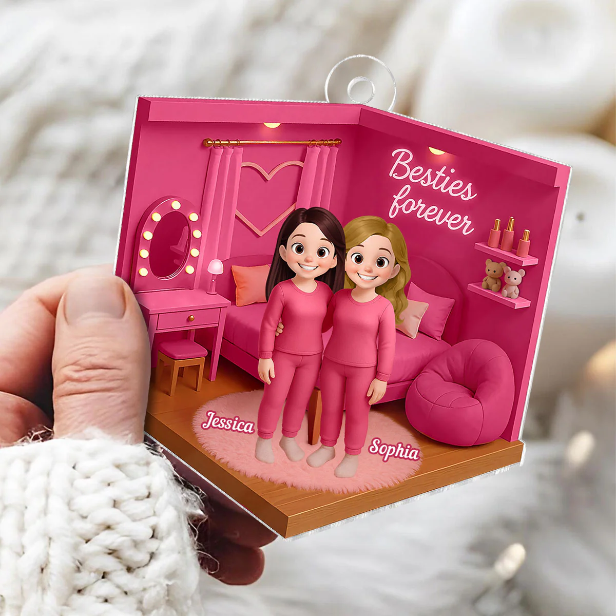 3D Effect Besties Pink Tone Diorama Dream Dollhouse Personalized Flat Acrylic Ornament, Keepsake - Image 6
