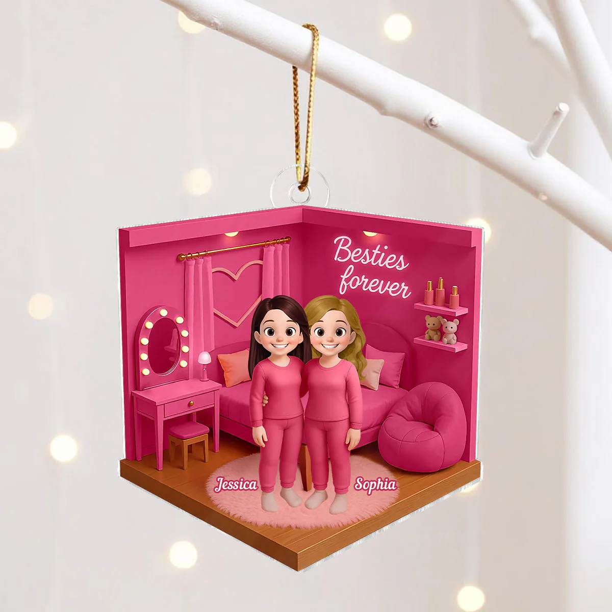 3D Effect Besties Pink Tone Diorama Dream Dollhouse Personalized Flat Acrylic Ornament, Keepsake - Image 7