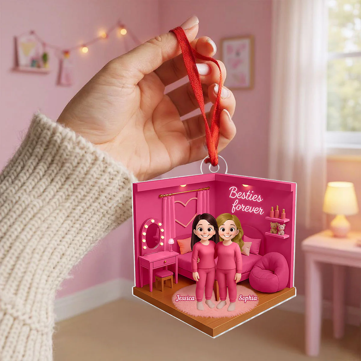3D Effect Besties Pink Tone Diorama Dream Dollhouse Personalized Flat Acrylic Ornament, Keepsake - Image 8