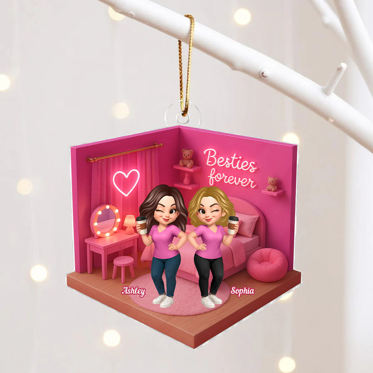 3D Effect Besties Pink Tone Dream Dollhouse Personalized Flat Acrylic Ornament - Image 2