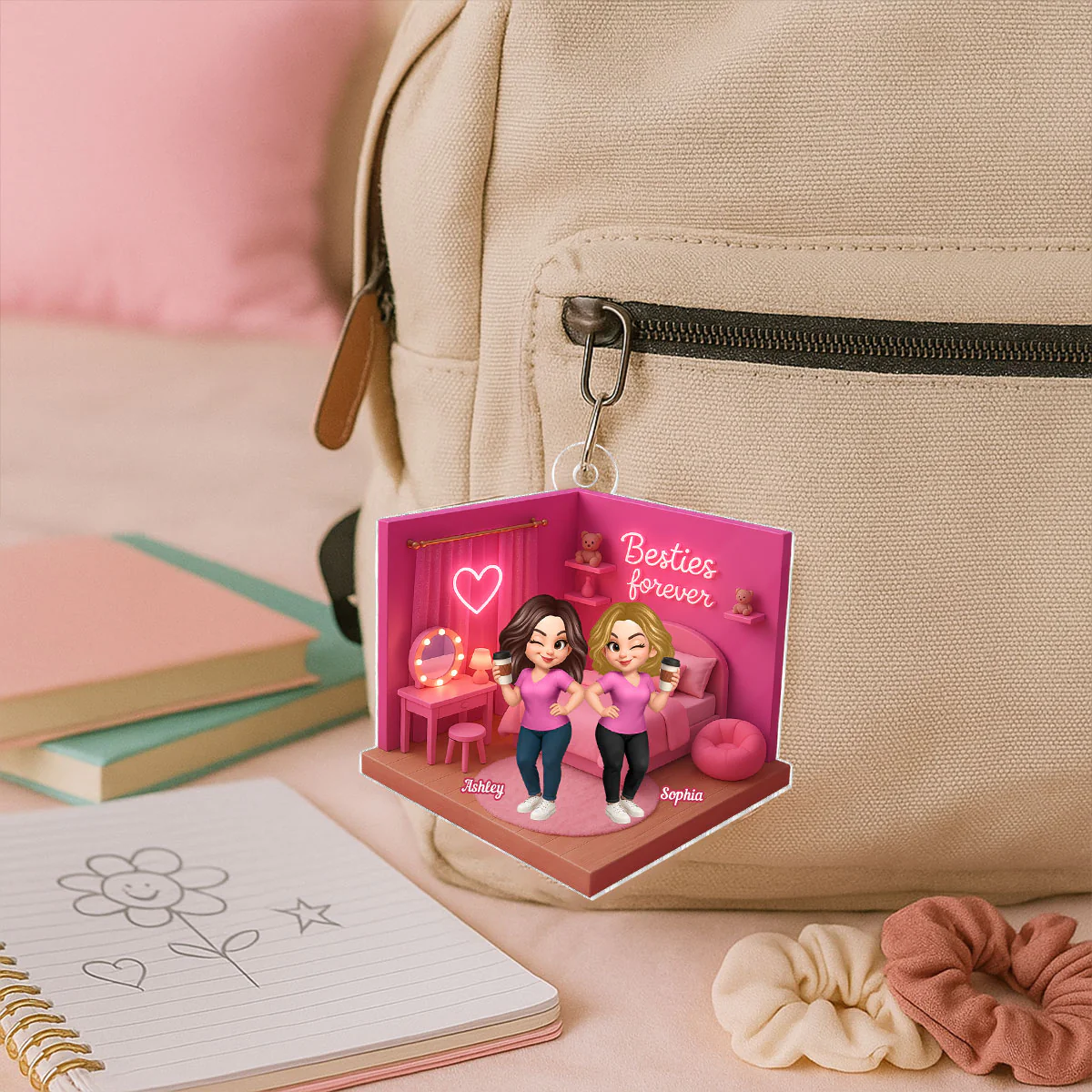 3D Effect Besties Pink Tone Dream Dollhouse Personalized Flat Acrylic Ornament - Image 6