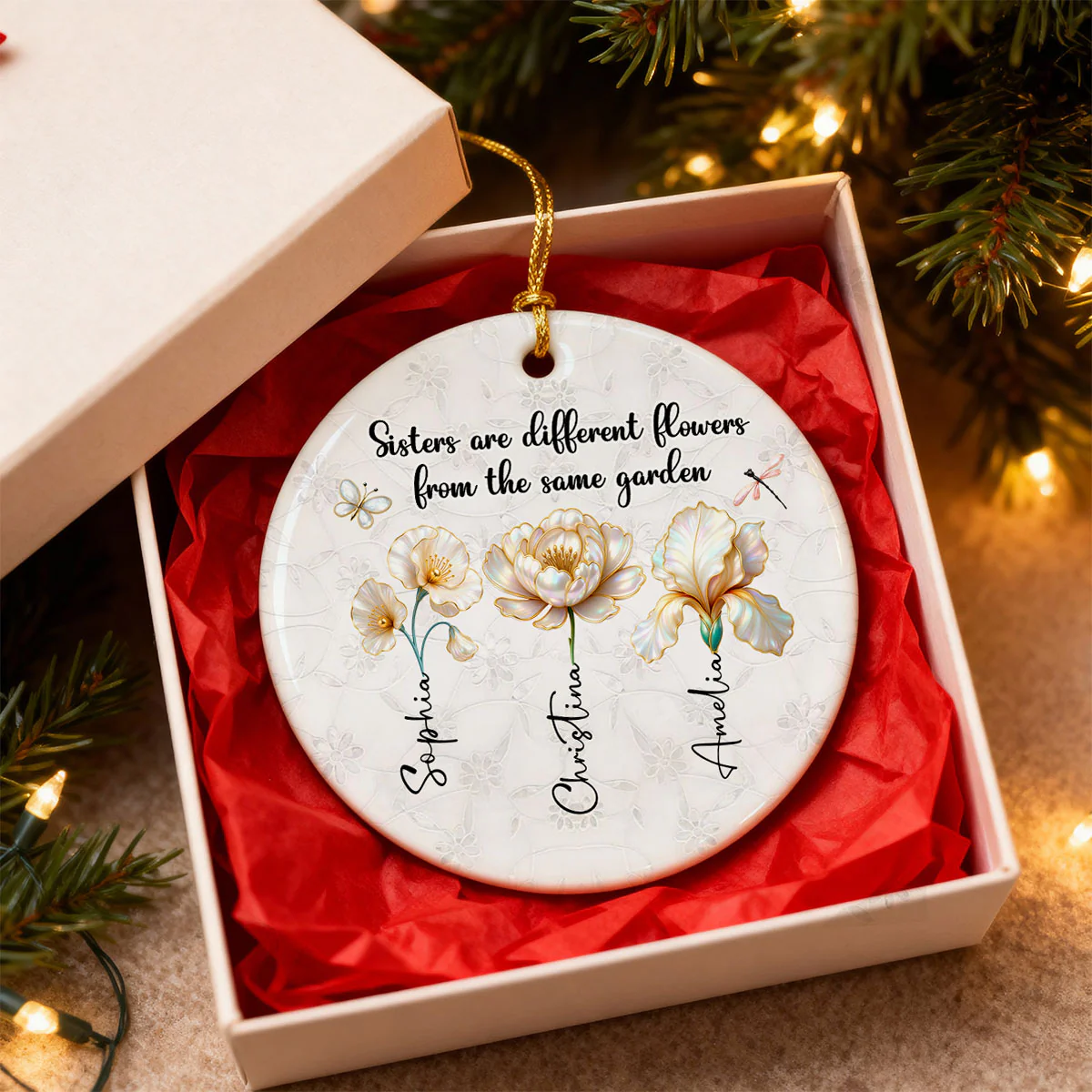 3D Effect Birth Flowers Sisters From The Same Garden - Personalized Ceramic Ornament - Birthday Christmas Just Because Gift For Sisters, Besties - Image 3