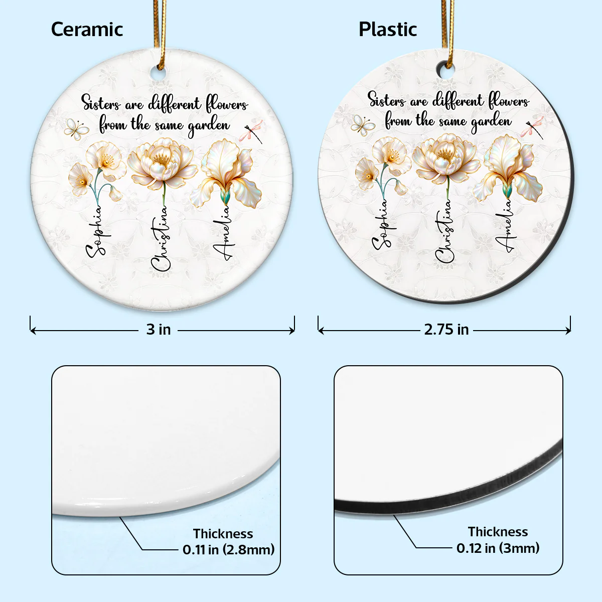 3D Effect Birth Flowers Sisters From The Same Garden - Personalized Ceramic Ornament - Birthday Christmas Just Because Gift For Sisters, Besties - Image 7