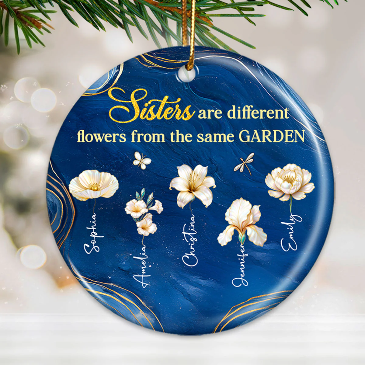 3D Effect Birth Flowers Sisters From The Same Garden - Personalized Ceramic Ornament - Christmas Gift For Sisters