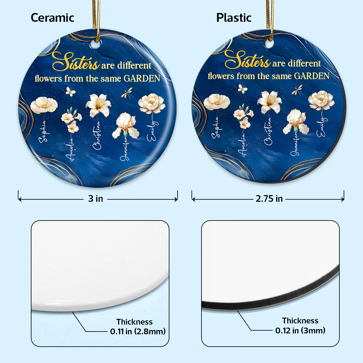 3D Effect Birth Flowers Sisters From The Same Garden - Personalized Ceramic Ornament - Christmas Gift For Sisters - Image 10