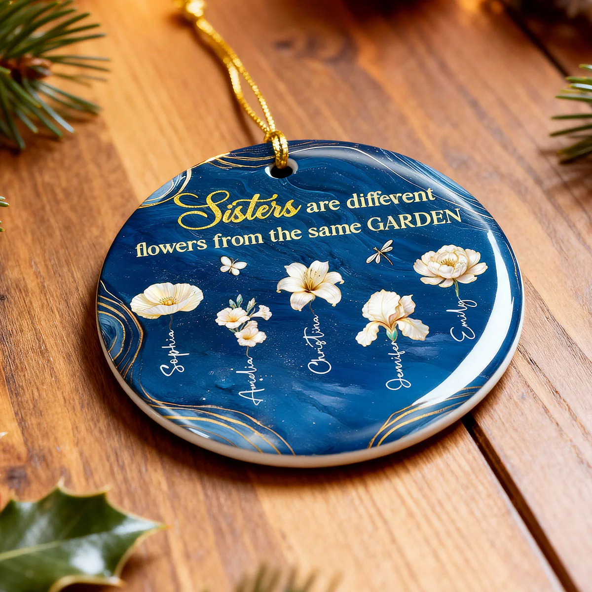 3D Effect Birth Flowers Sisters From The Same Garden - Personalized Ceramic Ornament - Christmas Gift For Sisters - Image 4