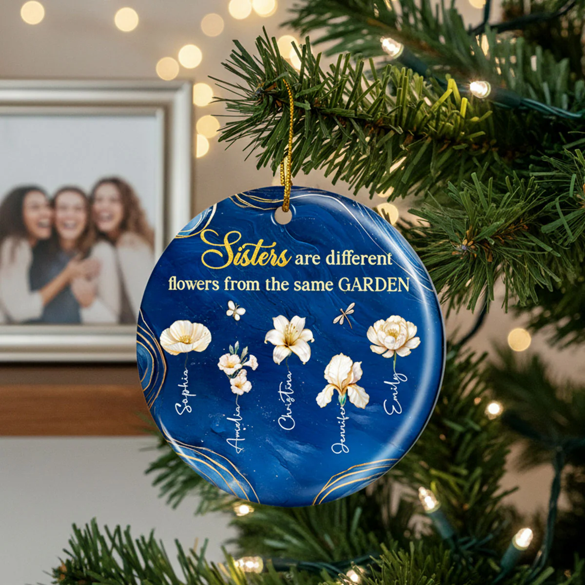 3D Effect Birth Flowers Sisters From The Same Garden - Personalized Ceramic Ornament - Christmas Gift For Sisters - Image 7
