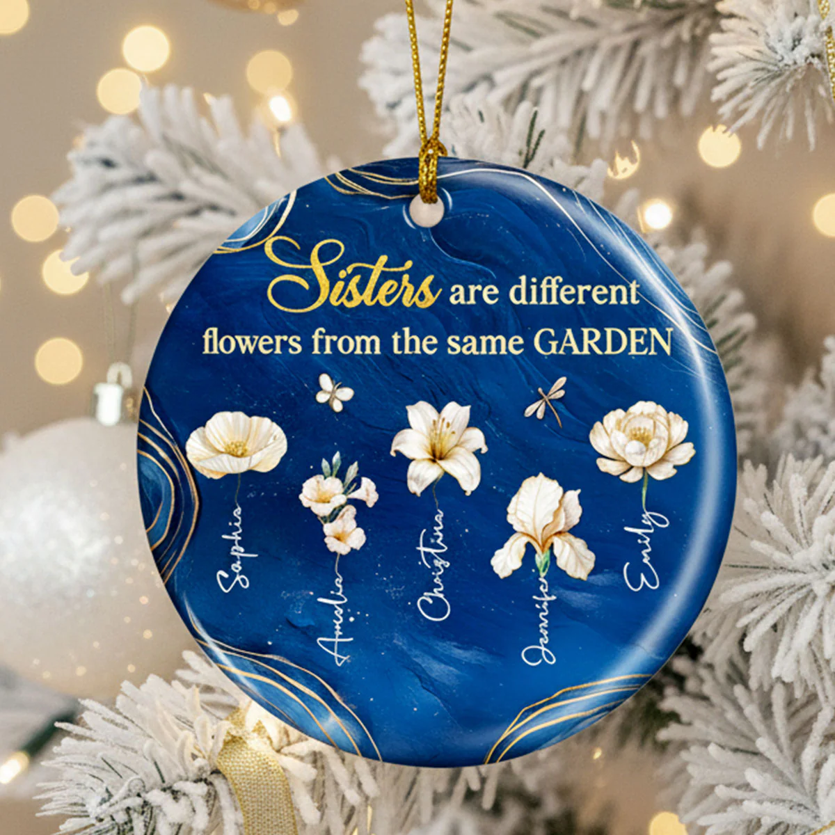 3D Effect Birth Flowers Sisters From The Same Garden - Personalized Ceramic Ornament - Christmas Gift For Sisters - Image 8