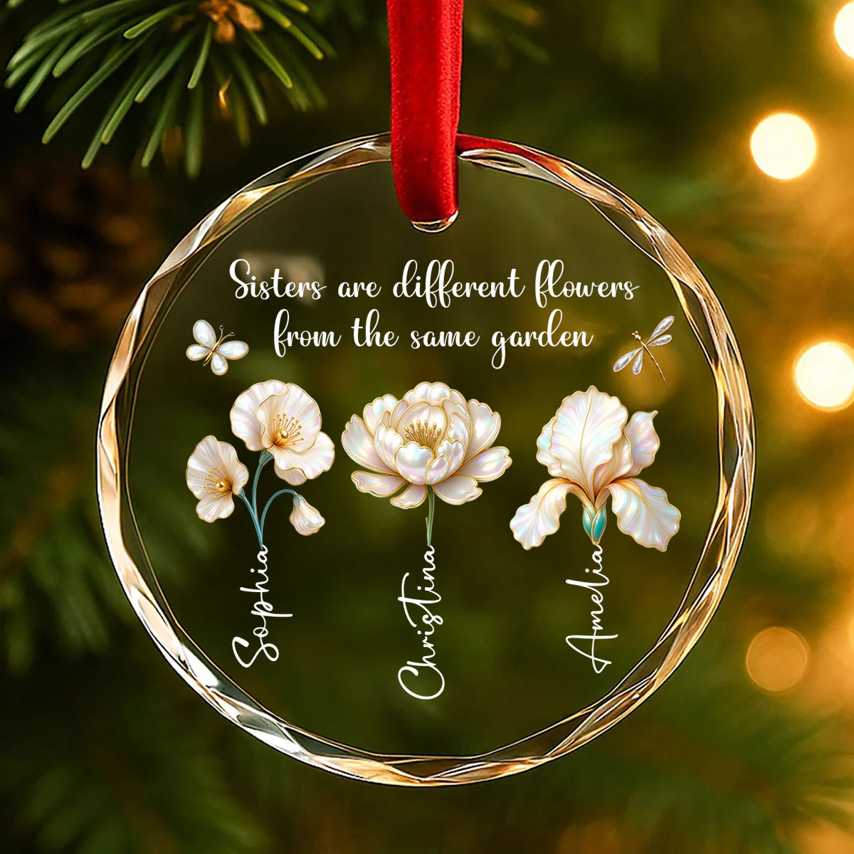 3D Effect Birth Flowers Sisters From The Same Garden - Personalized Glass Ornament - Birthday Christmas Just Because Gift For Sisters, Besties - Image 2