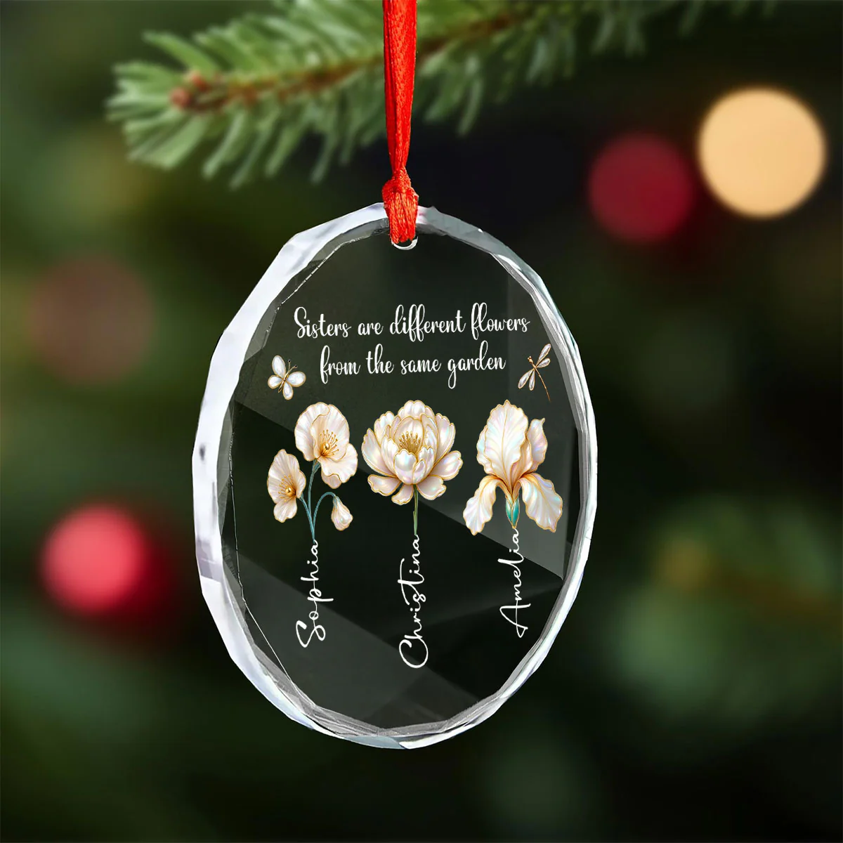 3D Effect Birth Flowers Sisters From The Same Garden - Personalized Glass Ornament - Birthday Christmas Just Because Gift For Sisters, Besties - Image 3