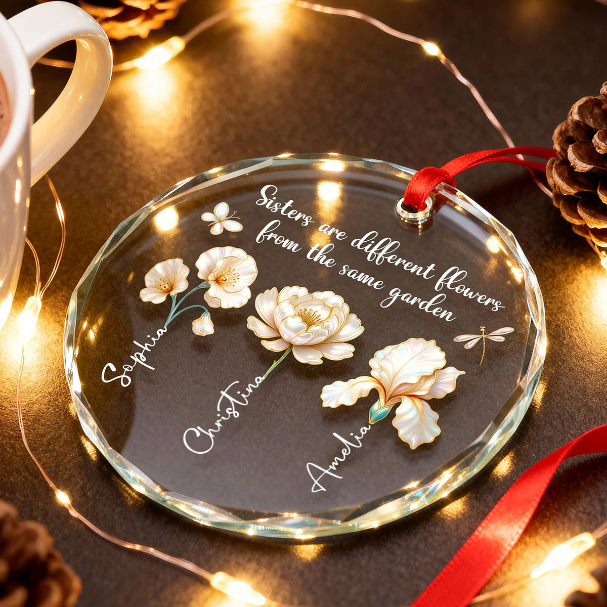 3D Effect Birth Flowers Sisters From The Same Garden - Personalized Glass Ornament - Birthday Christmas Just Because Gift For Sisters, Besties - Image 6
