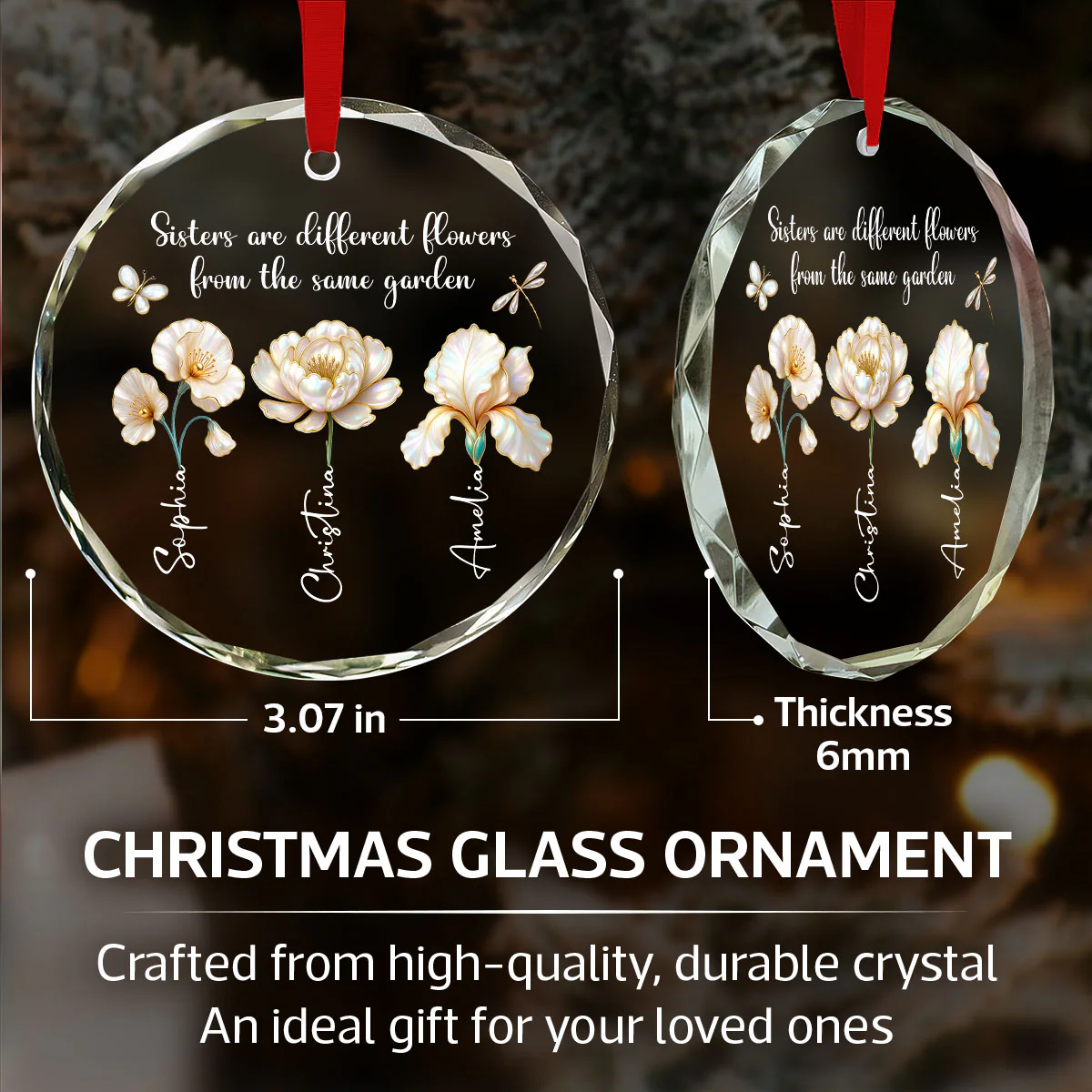 3D Effect Birth Flowers Sisters From The Same Garden - Personalized Glass Ornament - Birthday Christmas Just Because Gift For Sisters, Besties - Image 8