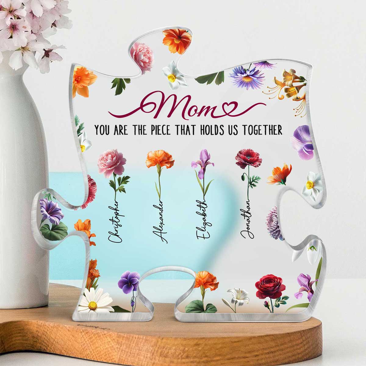 3D Effect Birth Month Flower Mom You Are The Piece That Hold Us Together Personalized Puzzle Acrylic Block Plaque - Image 5
