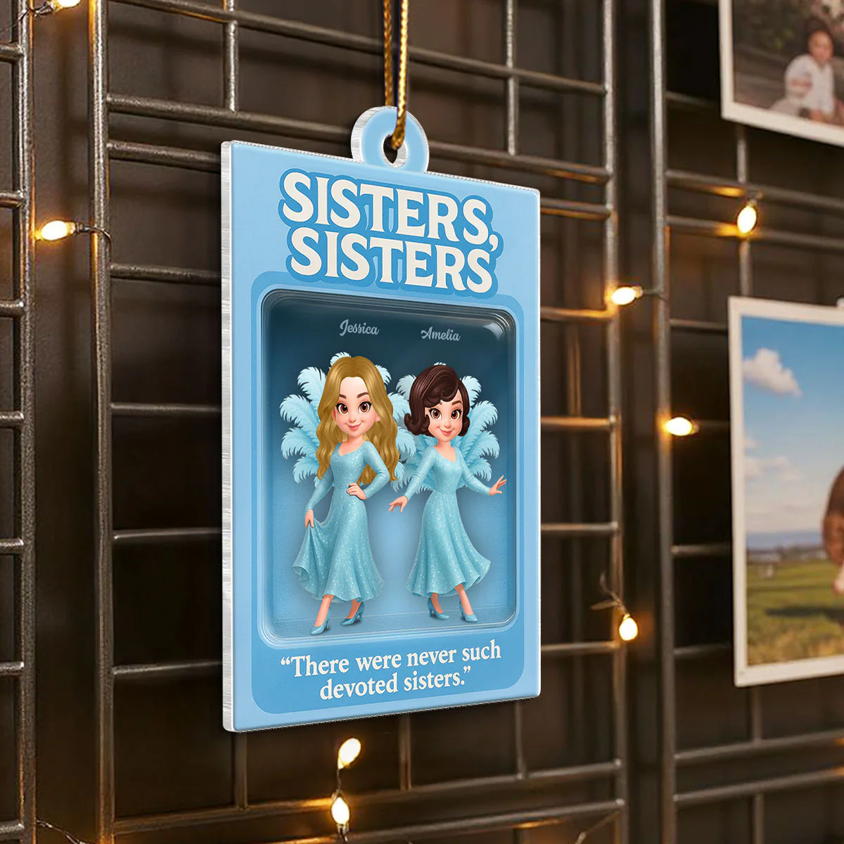 3D Effect Blue Dress Sisters Besties Inside Toy Box Personalized Acrylic Ornament - Image 2