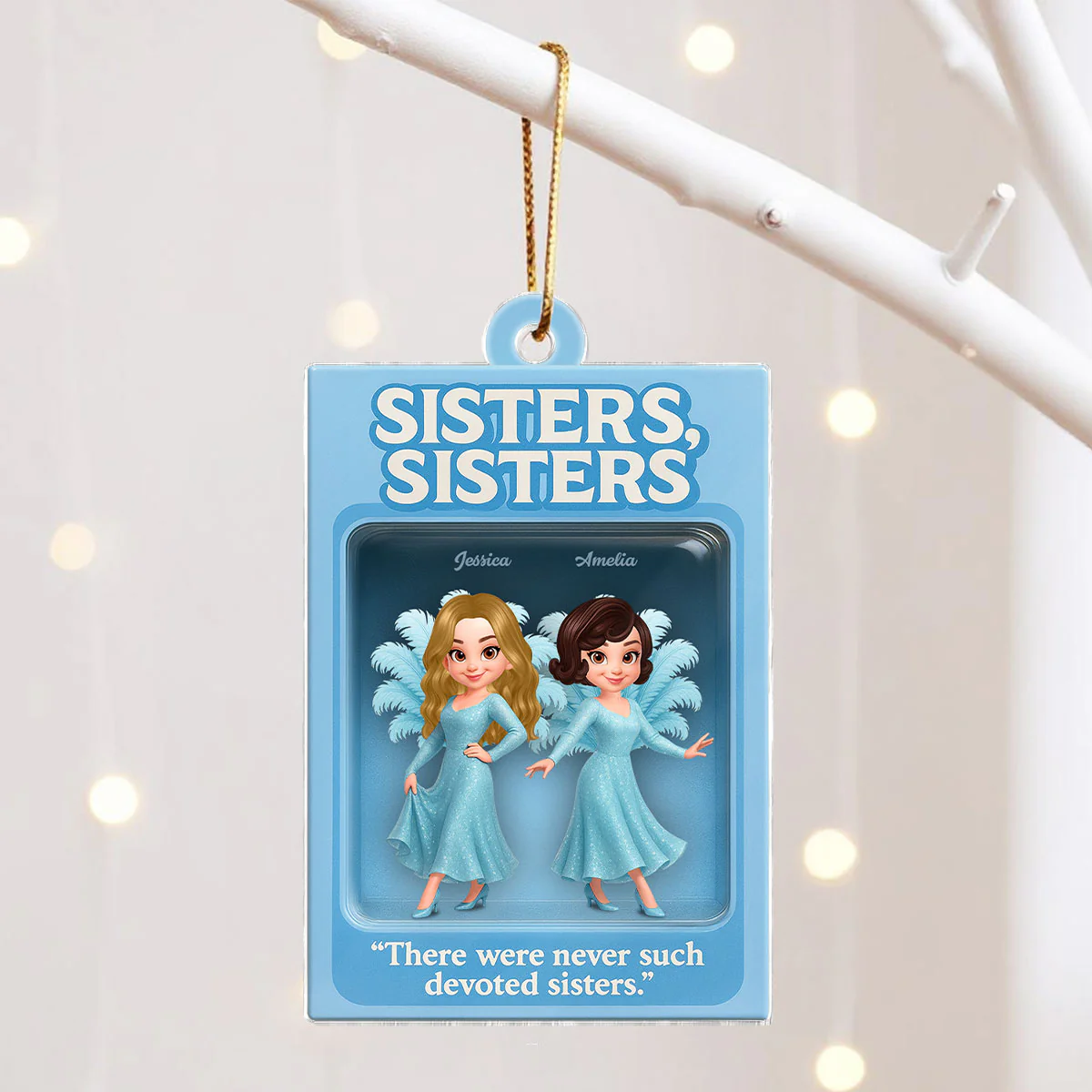 3D Effect Blue Dress Sisters Besties Inside Toy Box Personalized Acrylic Ornament - Image 3