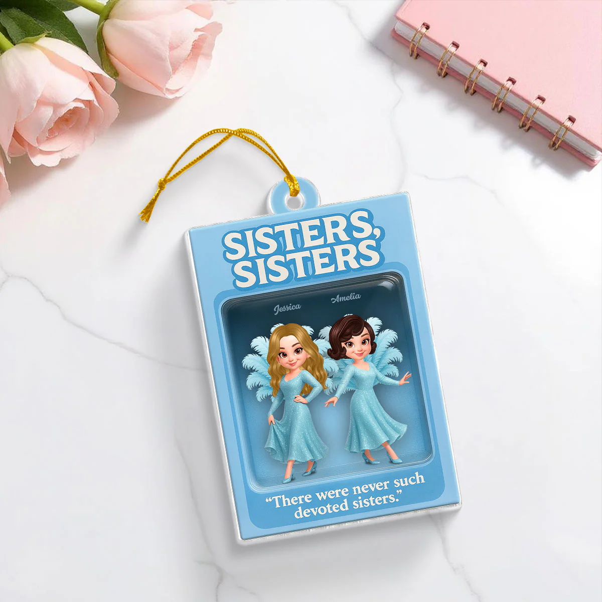 3D Effect Blue Dress Sisters Besties Inside Toy Box Personalized Acrylic Ornament - Image 4