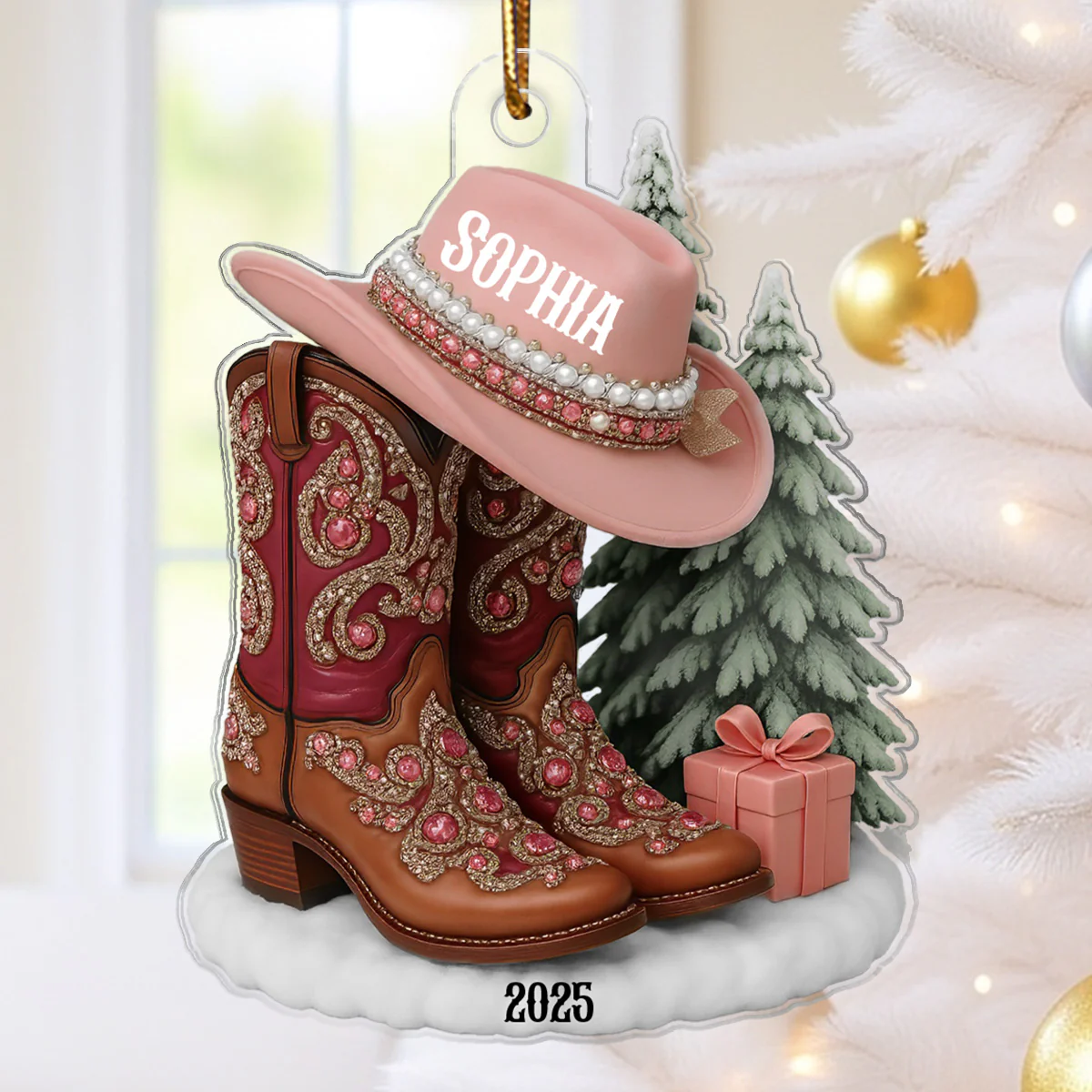 3D Effect Boots And Hat Cowgirl Name - Personalized Acrylic Ornament - Image 3