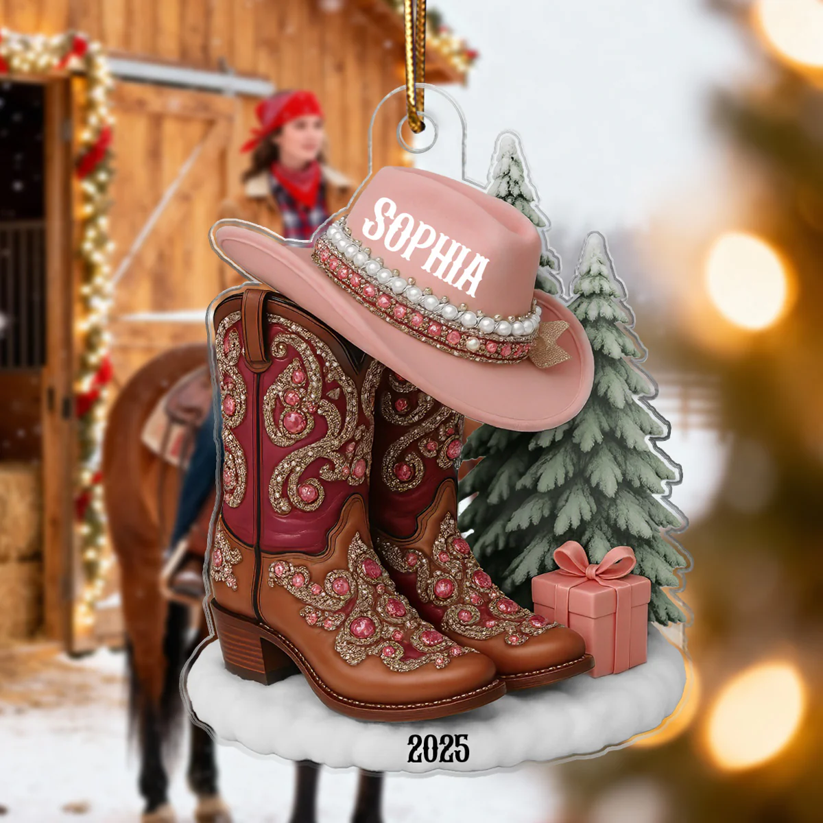 3D Effect Boots And Hat Cowgirl Name - Personalized Acrylic Ornament - Image 4