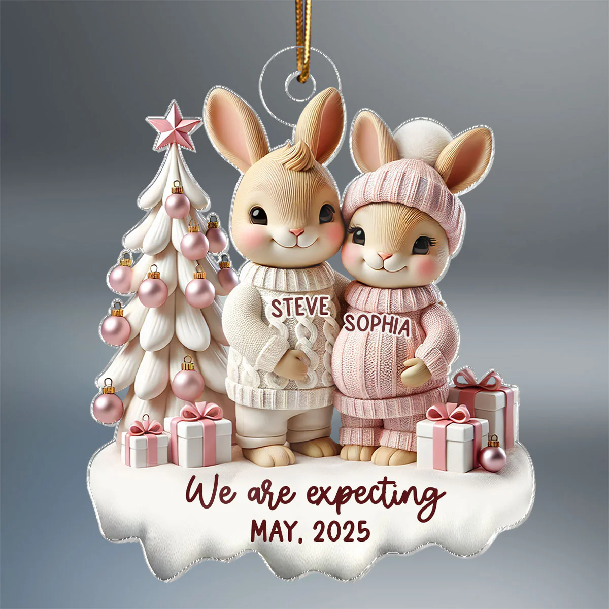 3D Effect Bunny Couple Pregnant Expecting New Baby Christmas Personalized Acrylic Ornament, Pregnancy Announcement Keepsake - Image 2