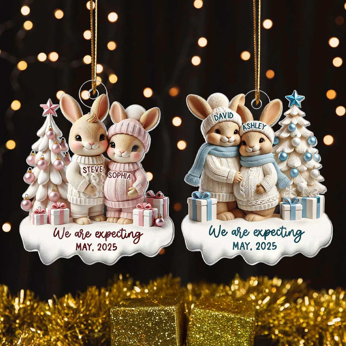 3D Effect Bunny Couple Pregnant Expecting New Baby Christmas Personalized Acrylic Ornament, Pregnancy Announcement Keepsake - Image 3