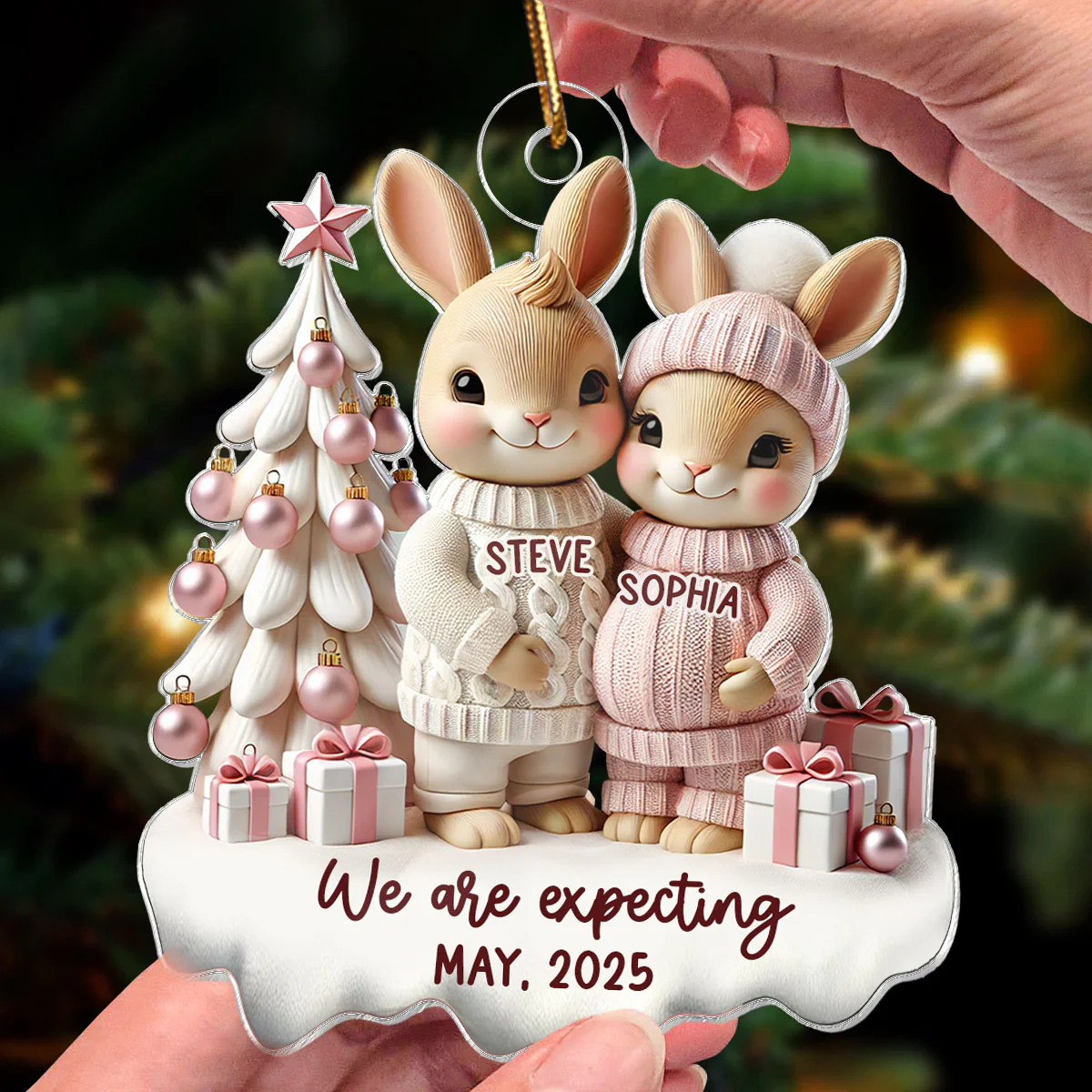3D Effect Bunny Couple Pregnant Expecting New Baby Christmas Personalized Acrylic Ornament, Pregnancy Announcement Keepsake - Image 4