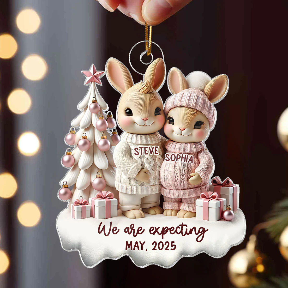 3D Effect Bunny Couple Pregnant Expecting New Baby Christmas Personalized Acrylic Ornament, Pregnancy Announcement Keepsake - Image 5