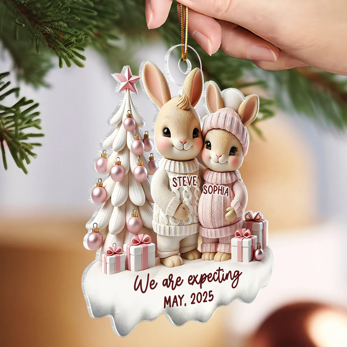 3D Effect Bunny Couple Pregnant Expecting New Baby Christmas Personalized Acrylic Ornament, Pregnancy Announcement Keepsake - Image 6