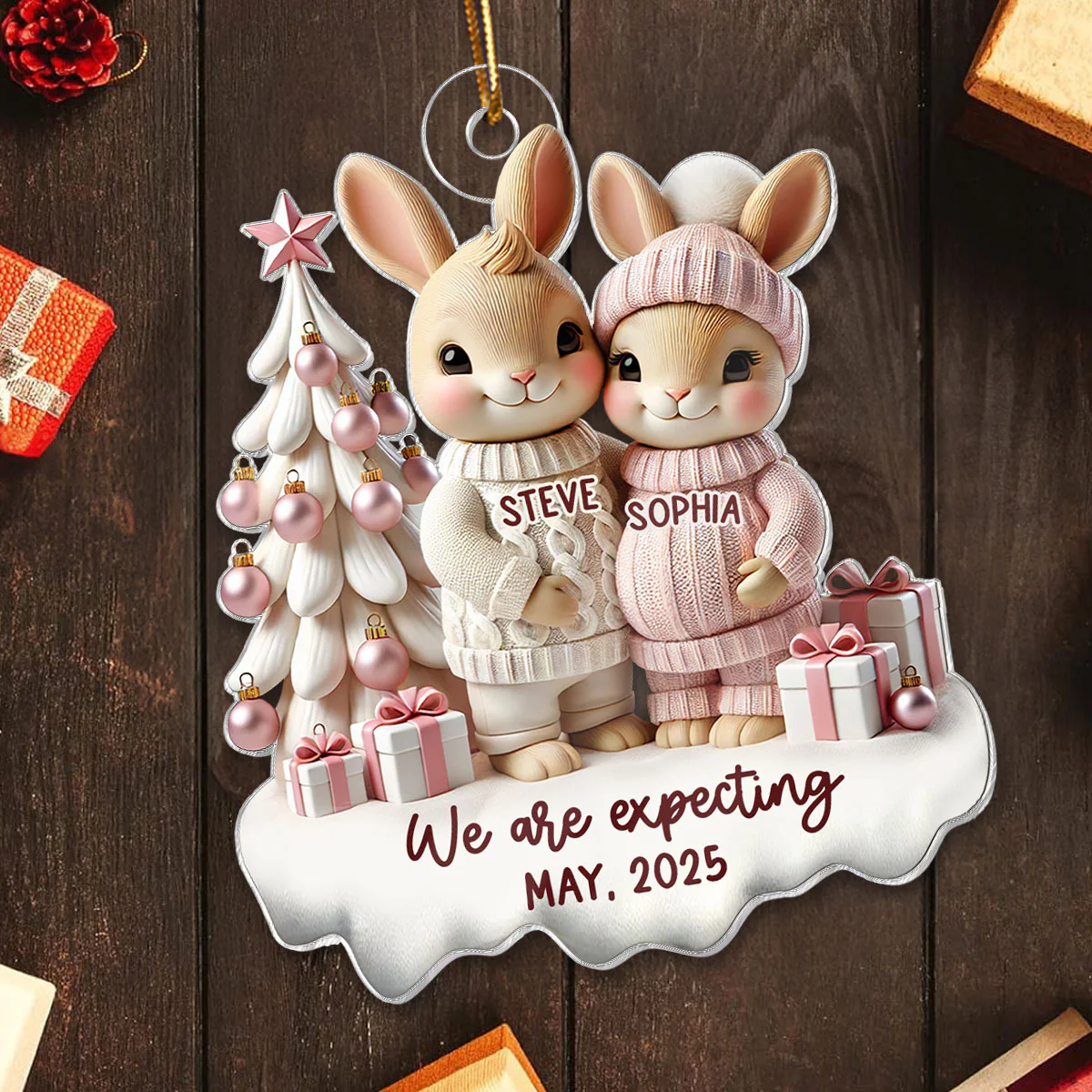 3D Effect Bunny Couple Pregnant Expecting New Baby Christmas Personalized Acrylic Ornament, Pregnancy Announcement Keepsake - Image 7