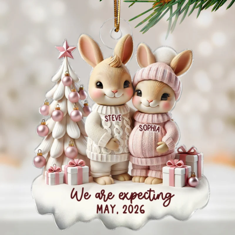 3D Effect Bunny Couple Pregnant Expecting New Baby Christmas Personalized Acrylic Ornament, Pregnancy Announcement Keepsake - Image 9