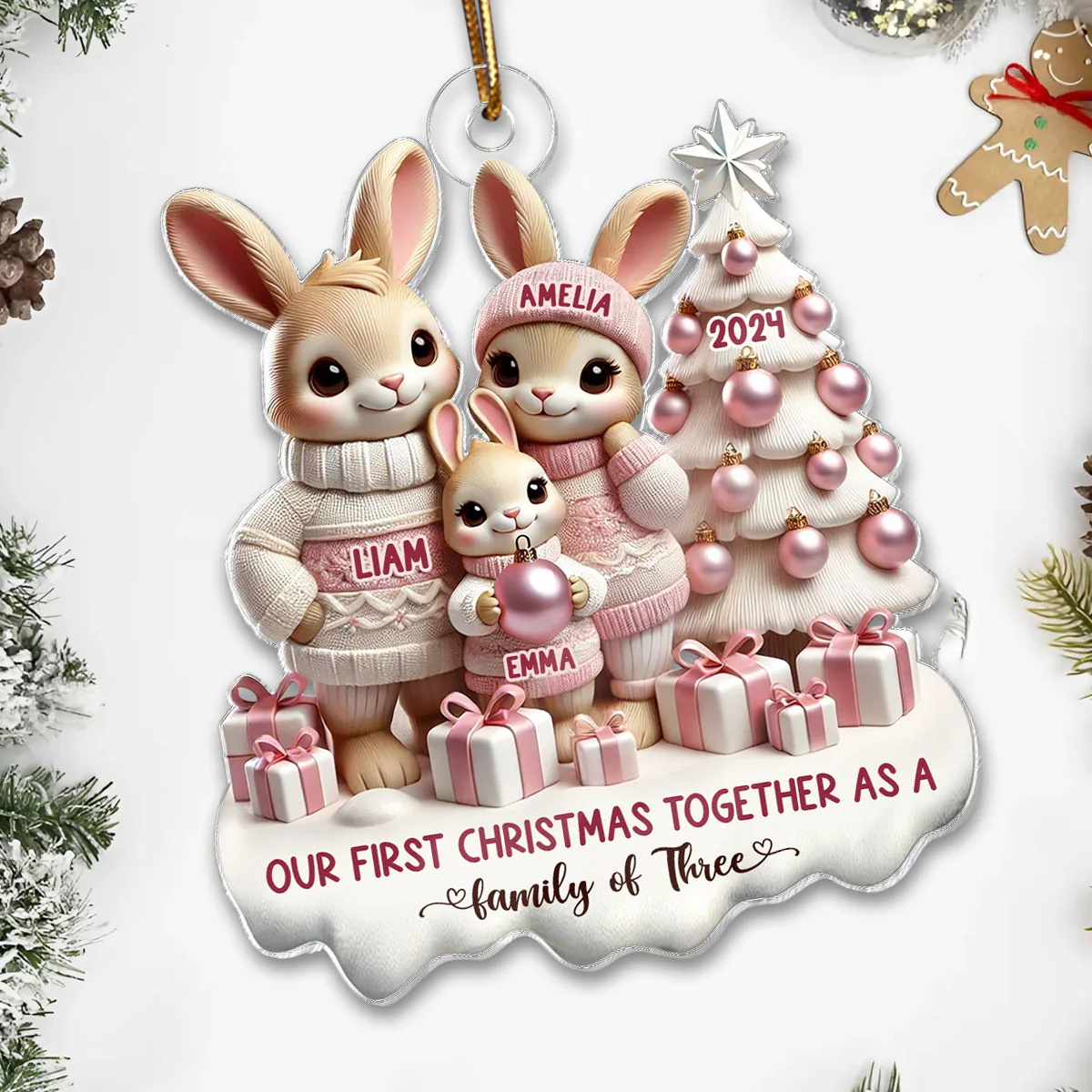 3D Effect Bunny Family Our First Christmas As A Family Of Three Christmas Personalized Acrylic Ornament, Newborns Gift, New Parents Gift - Image 5