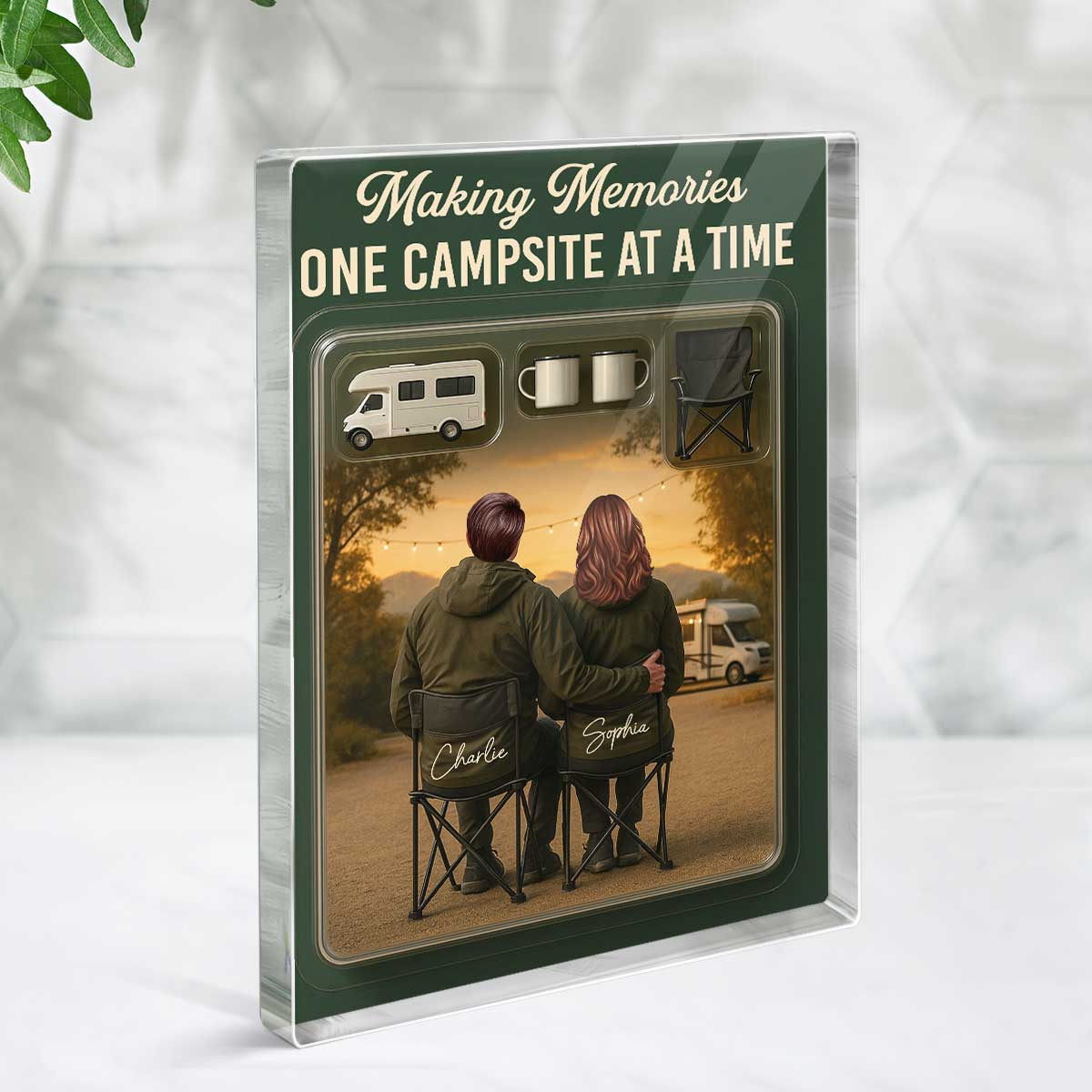 3D Effect Camping Couple Toy Box Custom Figure Personalized Rectangle Acrylic Block Plaque - Image 3