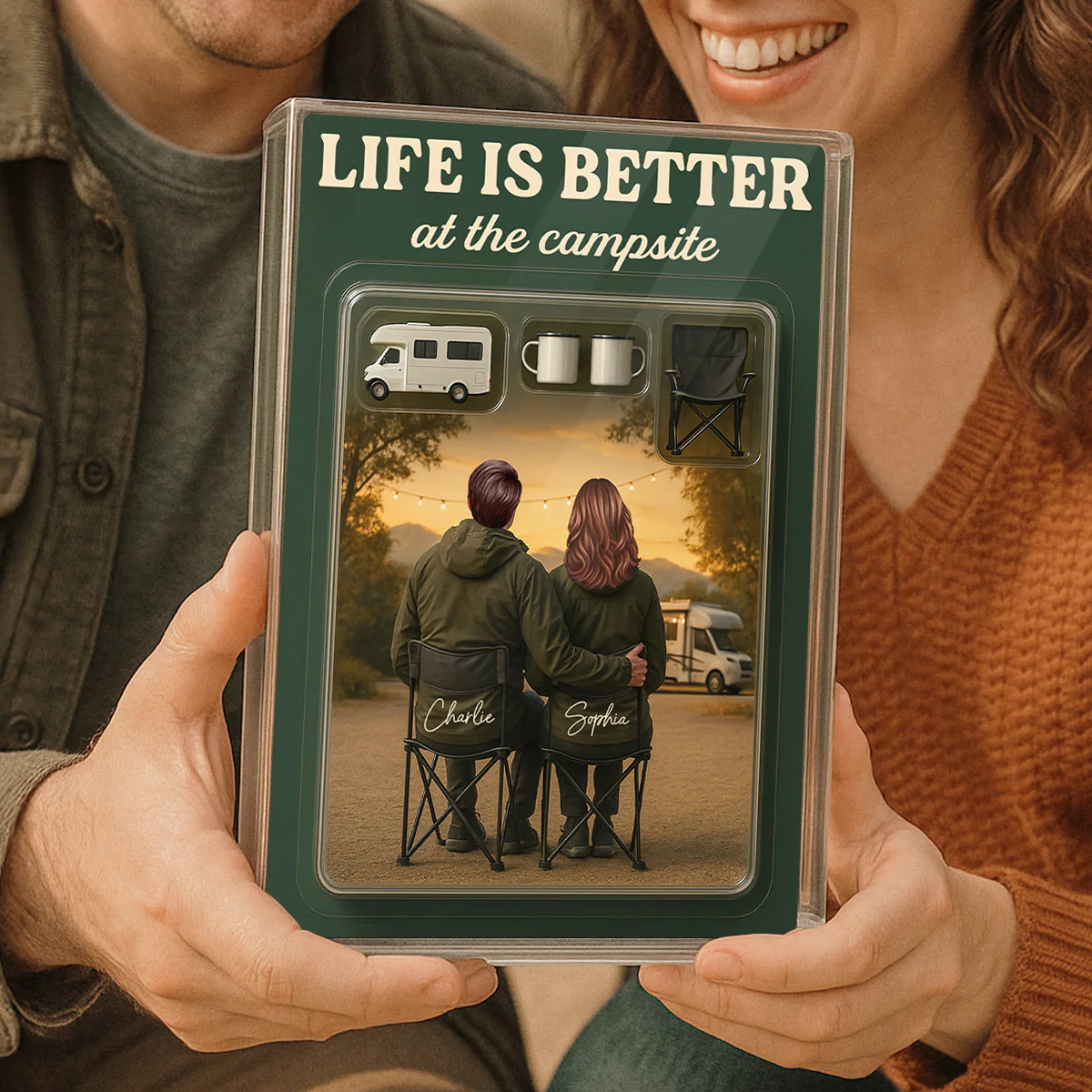 3D Effect Camping Couple Toy Box Custom Figure Personalized Rectangle Acrylic Block Plaque - Image 4