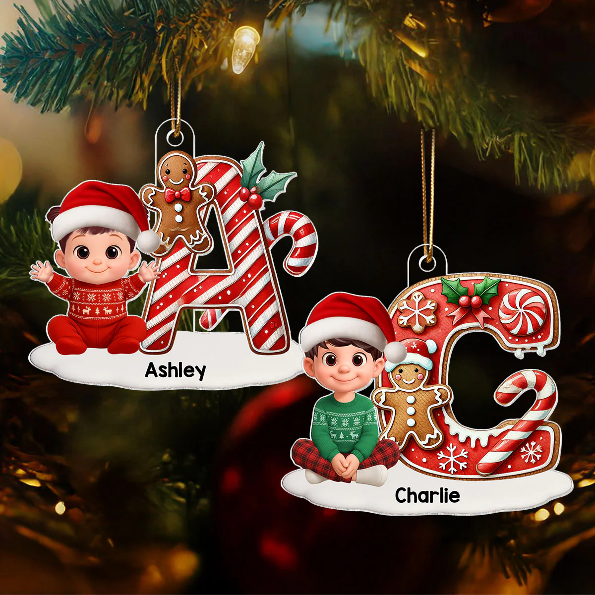 3D Effect Candy Cane Initial Letter Family Member Name - Personalized Acrylic Ornament - Unique Christmas Gift For Family - Image 2