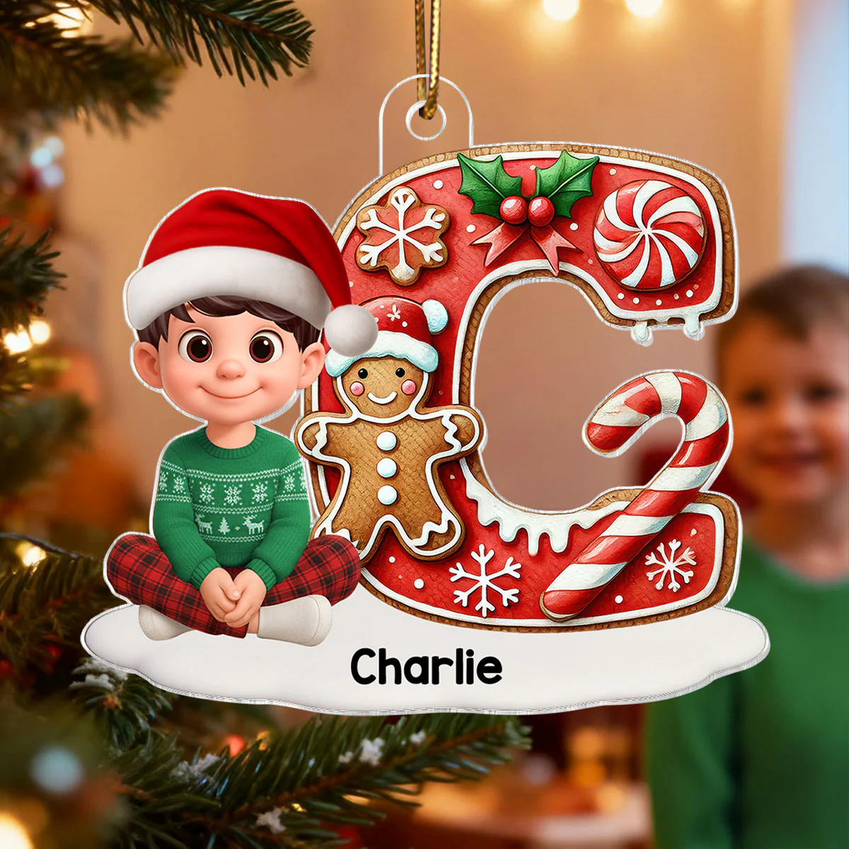 3D Effect Candy Cane Initial Letter Family Member Name - Personalized Acrylic Ornament - Unique Christmas Gift For Family - Image 6