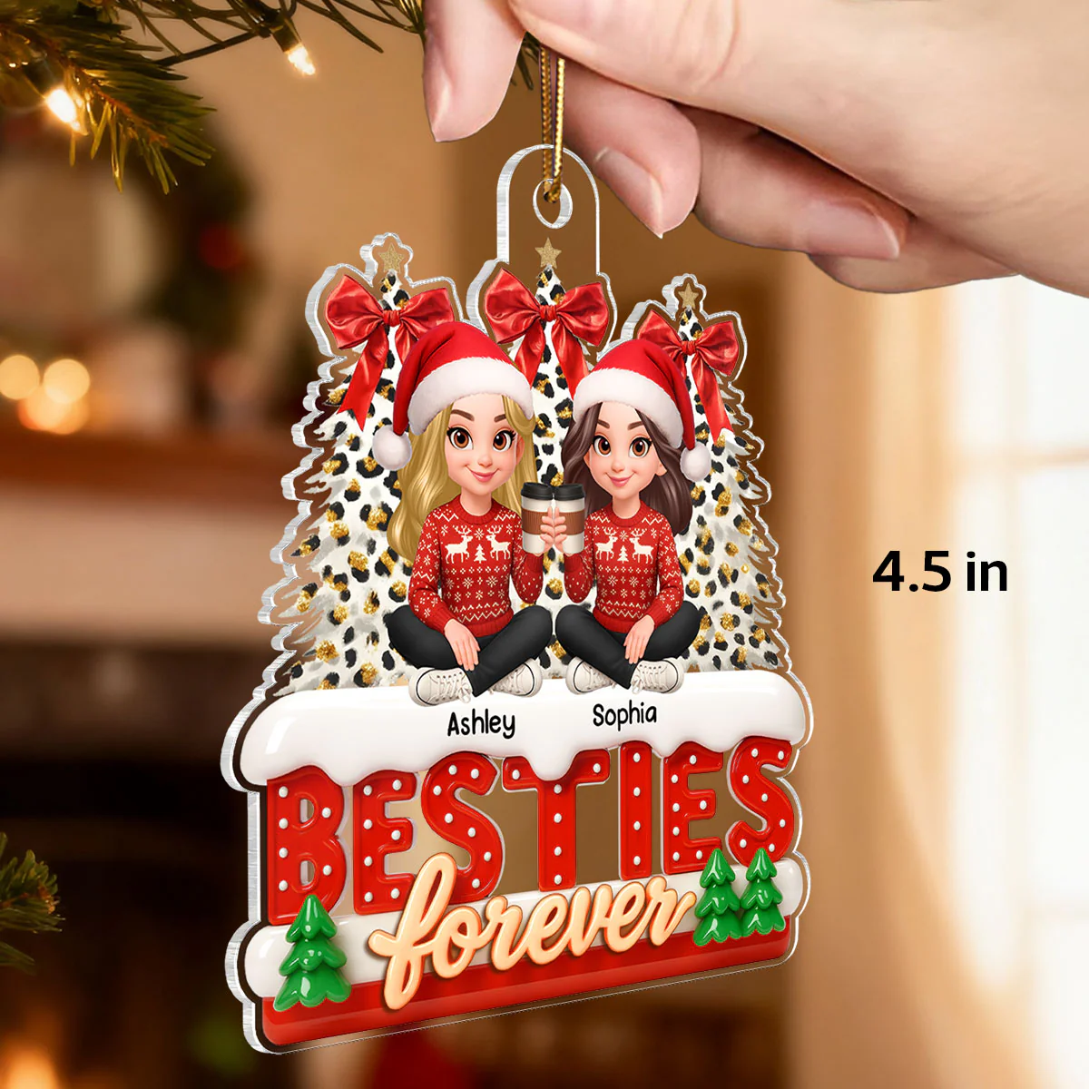 3D Effect Cartoon Besties Forever Leopard Coquette Christmas Tree - Personalized Acrylic Ornament - Image 2