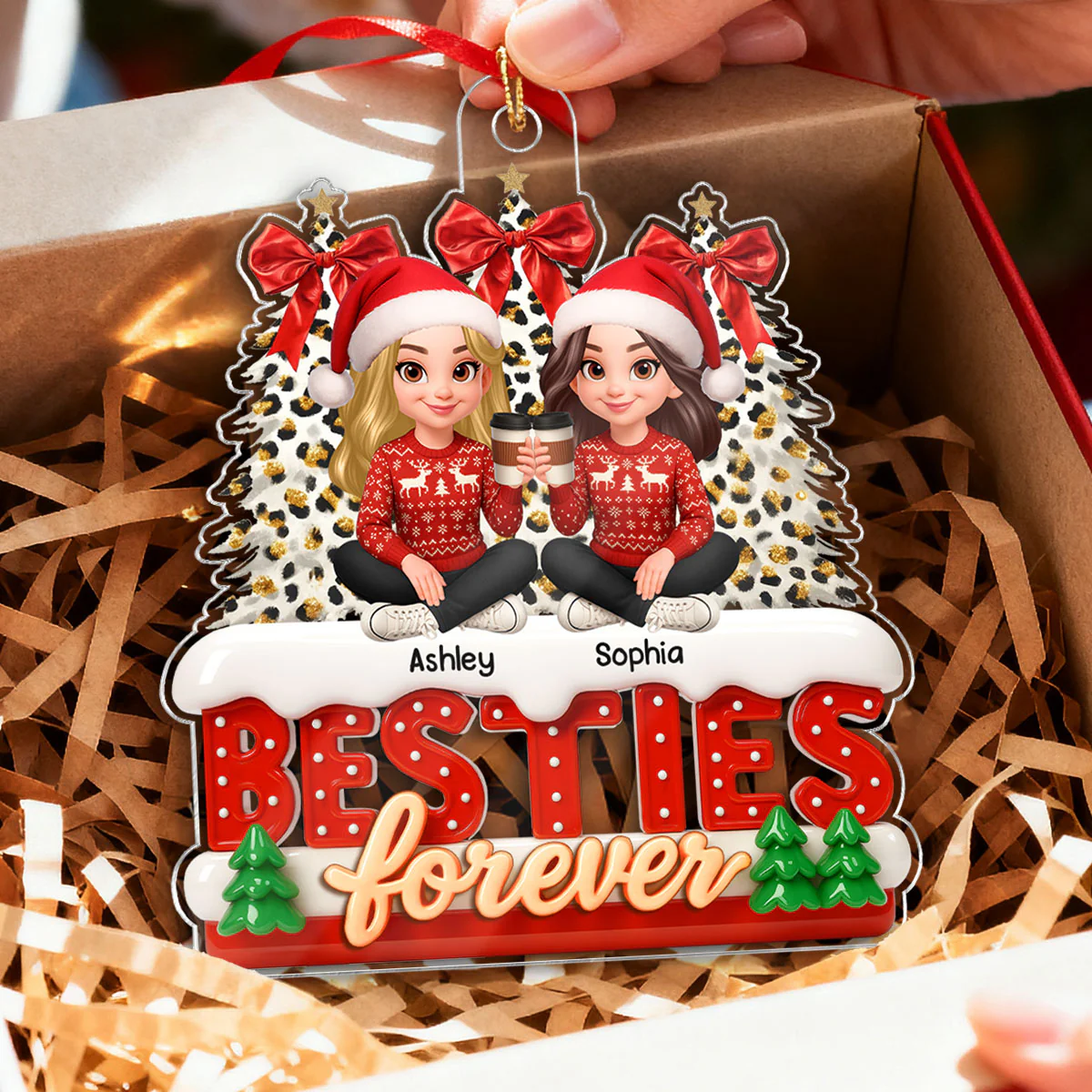 3D Effect Cartoon Besties Forever Leopard Coquette Christmas Tree - Personalized Acrylic Ornament - Image 6