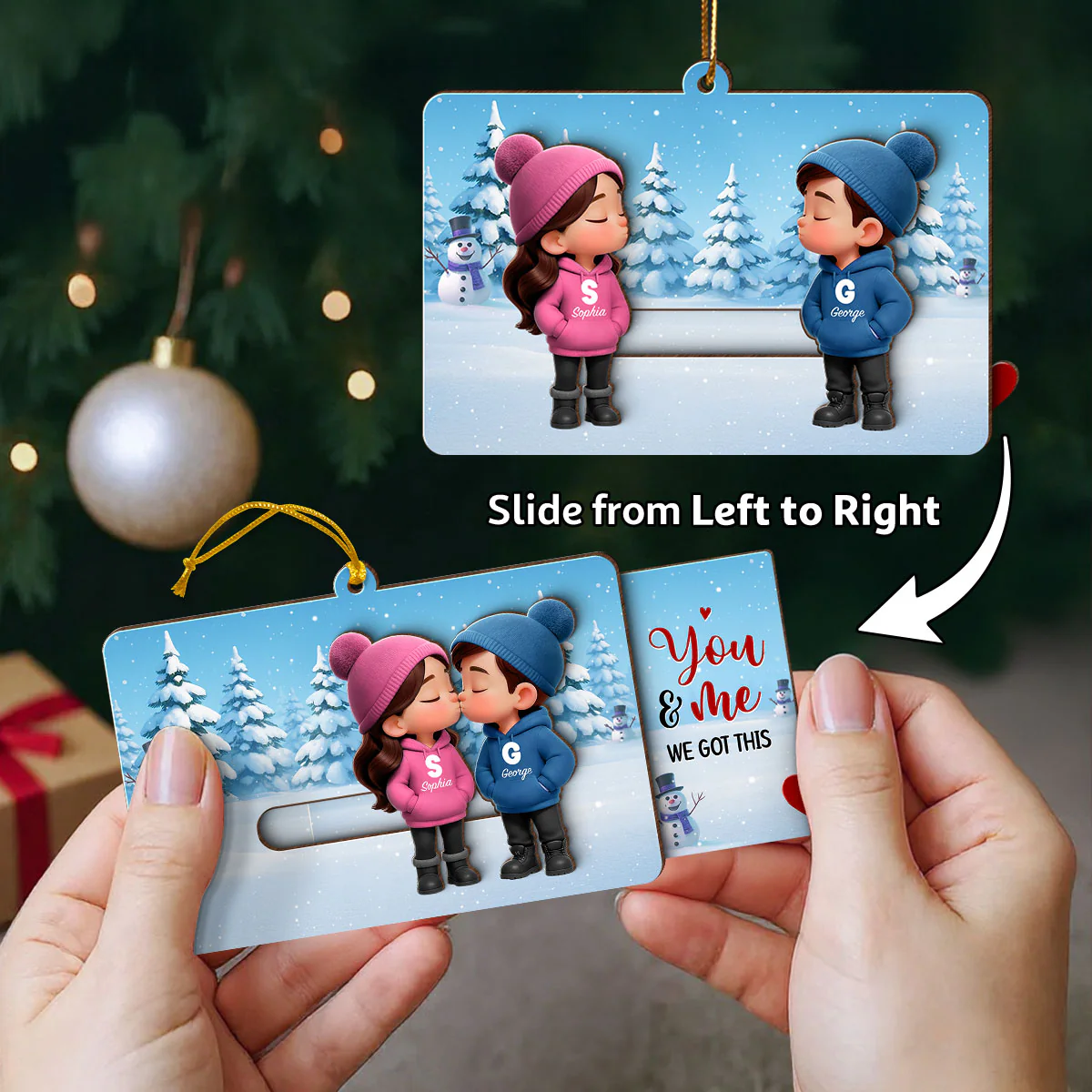 3D Effect Cartoon Couple Kissing - Personalized Slider Ornament - Christmas Gift For Him For Her - Image 3