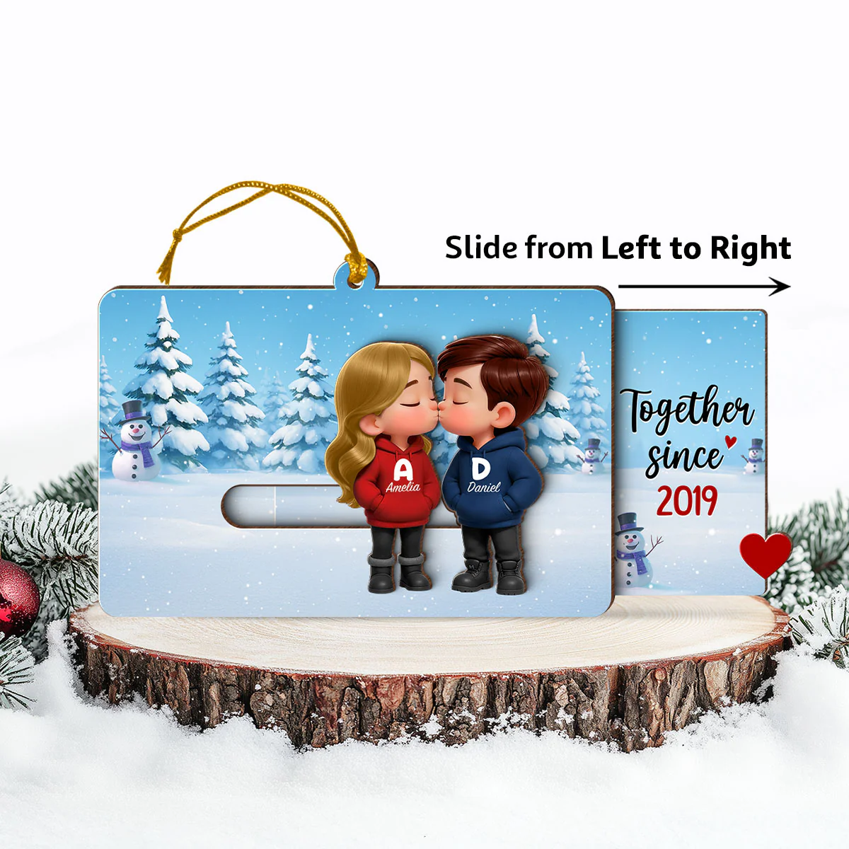 3D Effect Cartoon Couple Kissing - Personalized Slider Ornament - Christmas Gift For Him For Her - Image 5