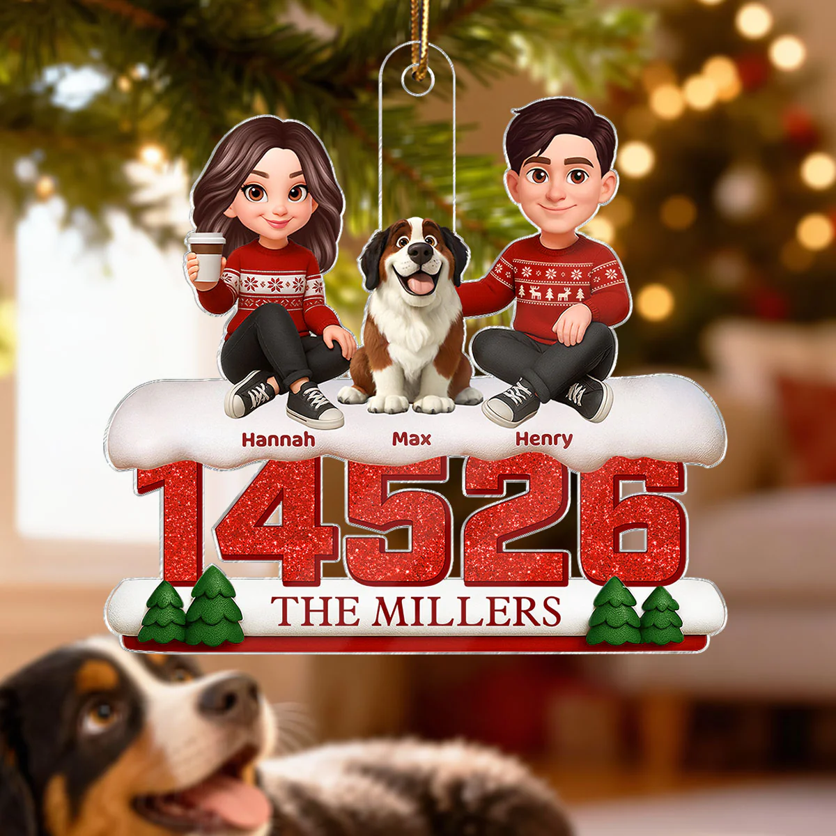 3D Effect Cartoon Family Sitting On Snow Zip Code - Personalized Acrylic Ornament - Image 3