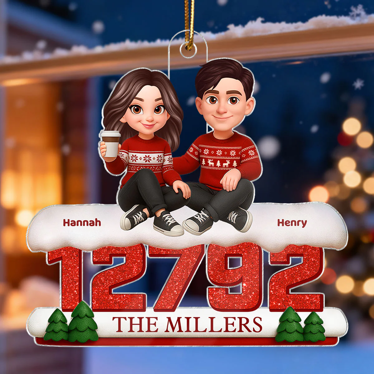 3D Effect Cartoon Family Sitting On Snow Zip Code - Personalized Acrylic Ornament - Image 4